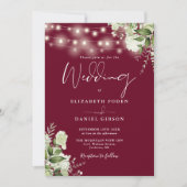 Burgundy String Lights Floral QR Code Wedding Einladung (Vorderseite)