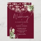 Burgundy String Lights Floral QR Code Wedding Einladung (Vorne/Hinten)