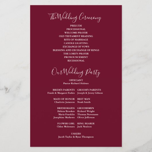 Burgundy String Lights Hochzeitsprogramm (Rückseite)