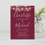 Burgundy String Lights Script Foto Wedding Einladung (Stehend Vorderseite)