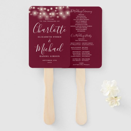 Burgundy String Lights Script Wedding Program Fächer (Vorne und Hinten)