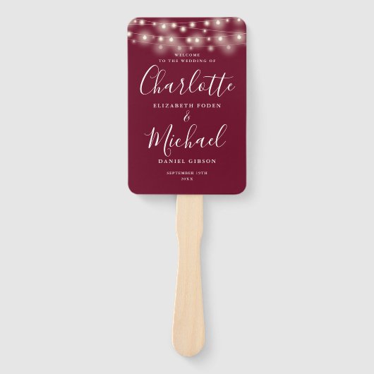 Burgundy String Lights Script Wedding Program Fächer (Vorderseite)