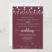 Burgundy String Lights Stars Front & Back Wedding Einladung (Vorderseite)