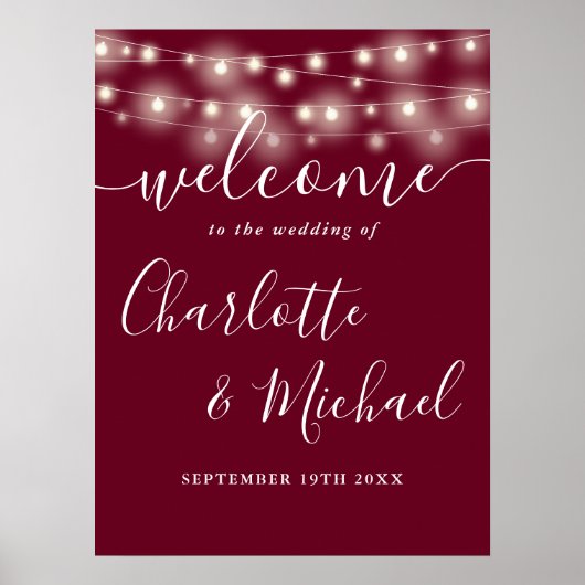 Burgundy String Lights Wedding Welcome Sign Poster (Vorne)