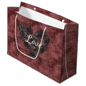Burgundy Stripes Black Faux Lace Floral Heart Große Geschenktüte (Vorderseite Schrägansicht)