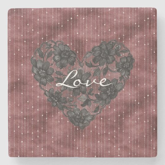 Burgundy Stripes Black Faux Lace Floral Heart Steinuntersetzer (Vorderseite)