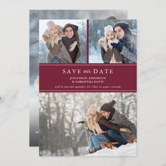 Burgundy Stylish Modern Foto Collage Save The Date (Vorne/Hinten)