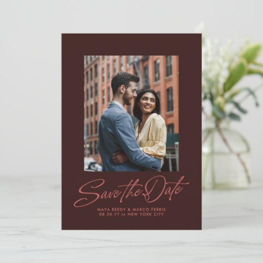 Burgundy stylish script two photo wedding save the date (Stehend Vorderseite)