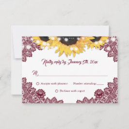 Burgundy Sunflower Lace Burlap Hearts Wedding RSVP Karte