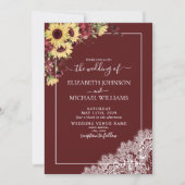 Burgundy Sunflower Rustic Script Foto Wedding Einladung (Vorderseite)