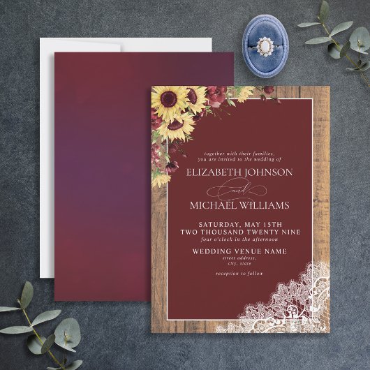 Burgundy Sunflower Rustic Wood Script Wedding Einladung