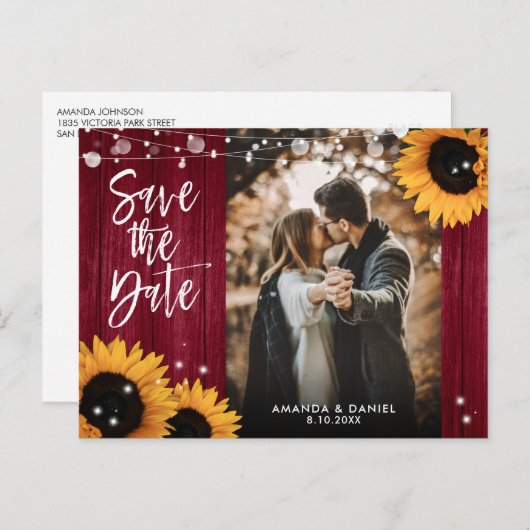 Burgundy Sunflower Wedding Foto Save the Date Ankündigungspostkarte (Vorne/Hinten)