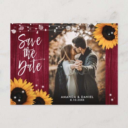 Burgundy Sunflower Wedding Foto Save the Date Ankündigungspostkarte (Vorderseite)