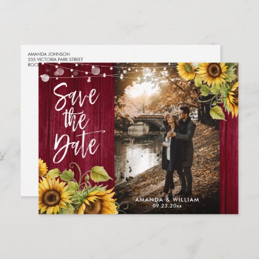 Burgundy Sunflower Wedding Foto Save the Date Ankündigungspostkarte (Vorne/Hinten)
