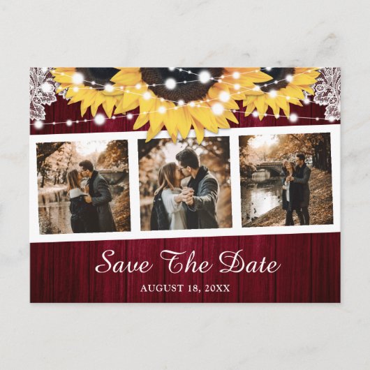 Burgundy Sunflower Wedding Foto Save the Date Ankündigungspostkarte (Vorderseite)
