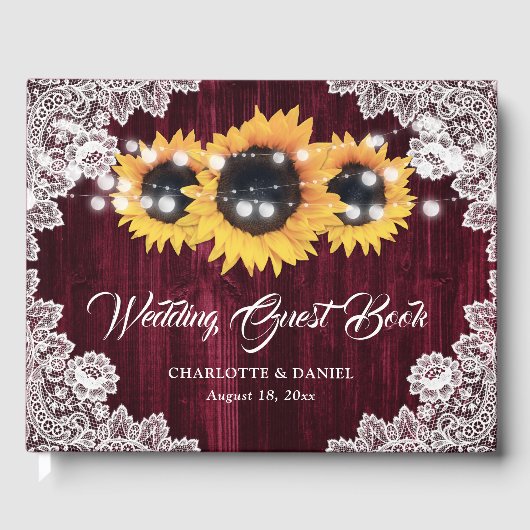 Burgundy Sunflower Wood Floral Lace Wedding Gästebuch (Vorderseite)