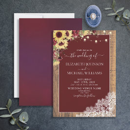 Burgundy Sunflower Wood Lace Script Wedding Einladung