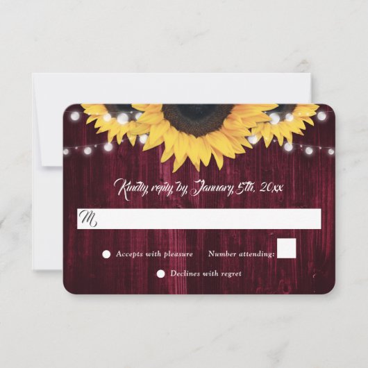 Burgundy Sunflower Wood String Lights Wedding RSVP Karte (Vorderseite)