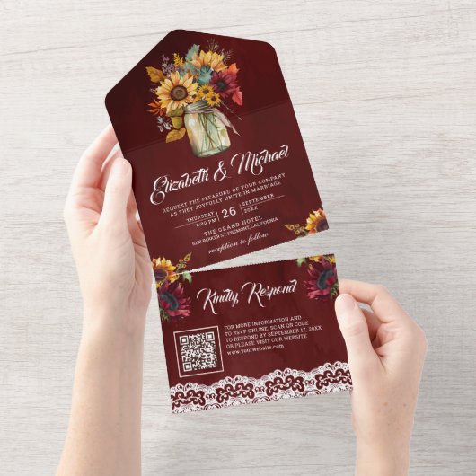 Burgundy Sunflowers Mason Jar Red QR Code Wedding All In One Einladung (Abreißen)