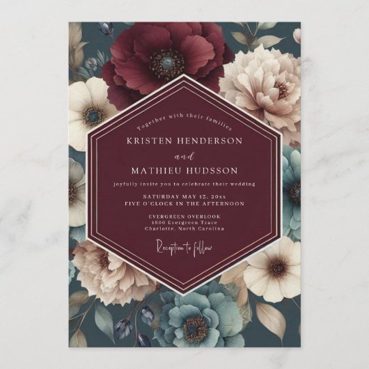 Burgundy Teal Bloom Wedding Einladung (Vorderseite)
