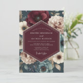 Burgundy Teal Bloom Wedding Einladung (Stehend Vorderseite)