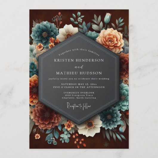 Burgundy Teal Dutch Bloom Wedding Einladung (Vorderseite)