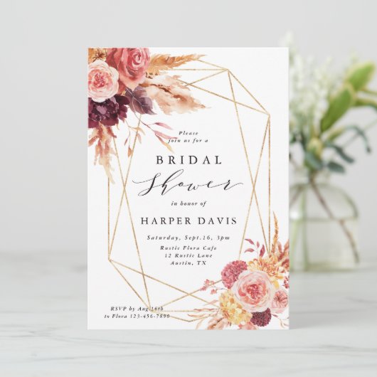 Burgundy Terracotta Blume Geometrisches Brautparty Einladung (Stehend Vorderseite)