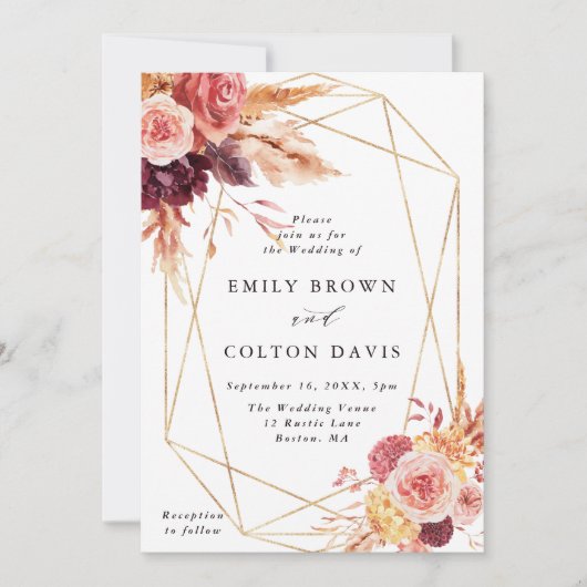 Burgundy Terracotta Blume Goldene geometrische Hoc Einladung (Vorderseite)