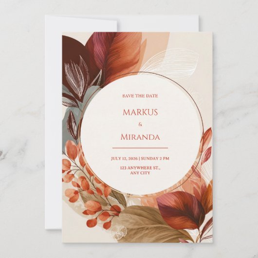 Burgundy Terracotta Circular Botanical Wedding Einladung (Vorderseite)