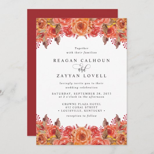 Burgundy Terracotta Fall Floral Wedding Einladung (Vorne/Hinten)