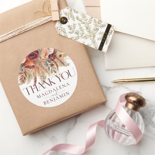Burgundy Terracotta Fall Florals Pampas Vielen Dan Runder Aufkleber (Schenken)