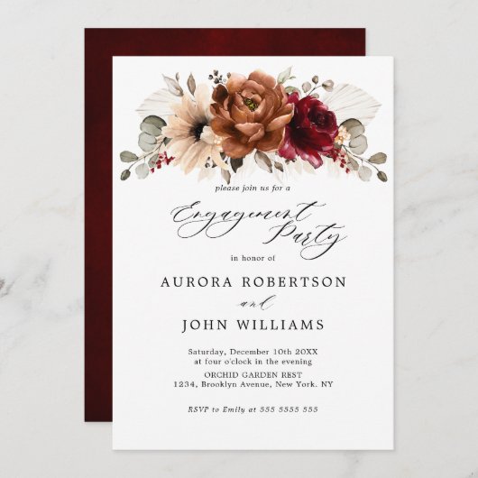 Burgundy Terracotta Floral Engagement Party Einladung (Vorne/Hinten)