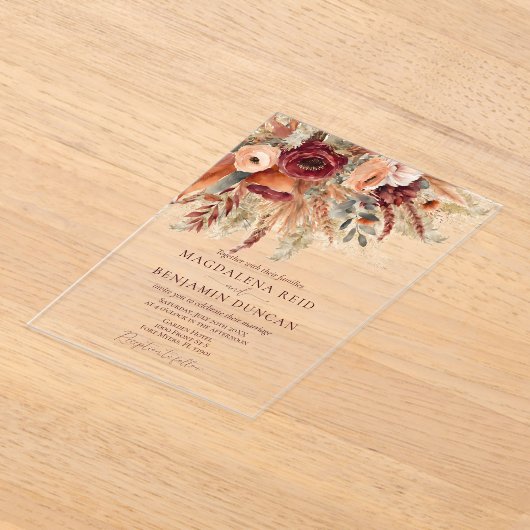 Burgundy Terracotta Florals Pampas Grass Wedding Acryleinladungen (Ablage )