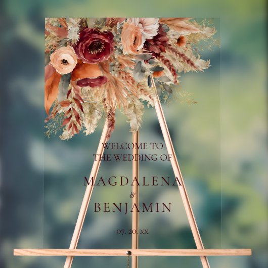 Burgundy Terracotta Florals Pampas Grass Wedding Acrylschild (Neutral)