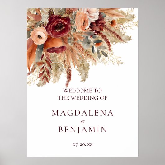 Burgundy Terracotta Florals Pampas Grass Wedding Poster (Vorne)