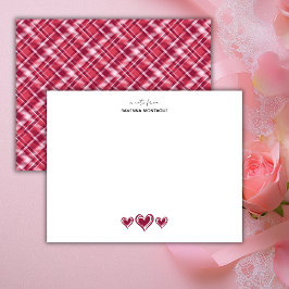 Burgundy Three Lace Hearts Retro Tartan Note Card Mitteilungskarte