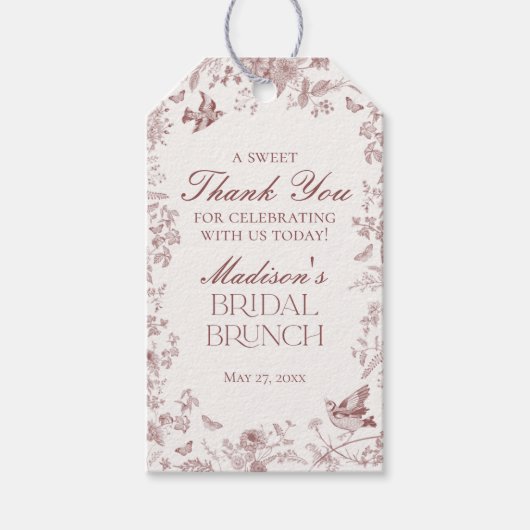 Burgundy Toile De Jouy Floral Bridal Brunch Favori Geschenkanhänger (Vorderseite)