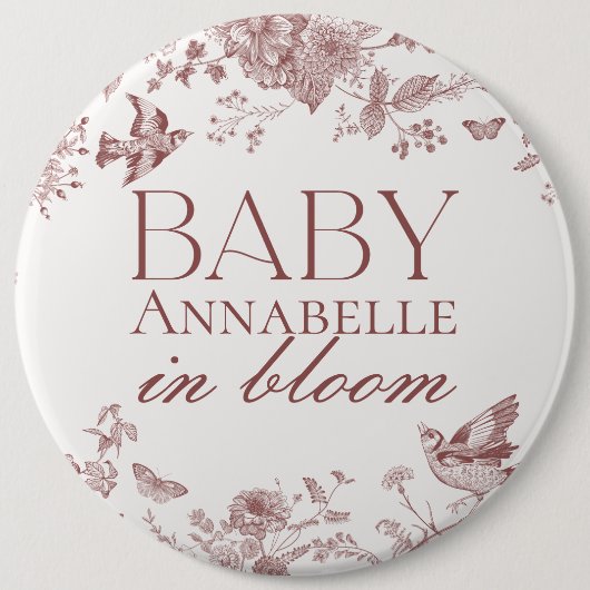 Burgundy Toile De Jouy Vintag Floral Baby Dusche Button (Vorderseite)
