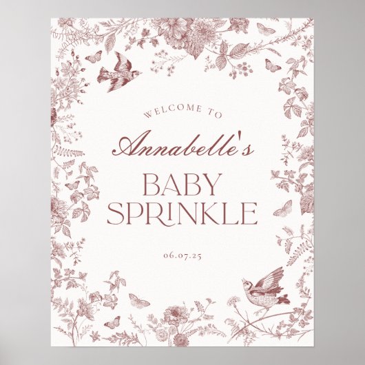 Burgundy Toile Floral Baby Sprinkle Begrüßungszeic Poster (Vorne)
