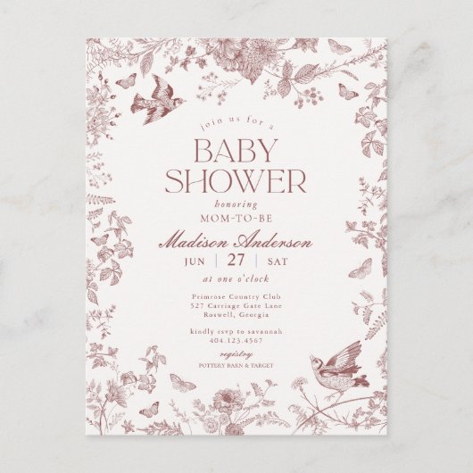 Burgundy Toile French Floral Baby Dusche Postkarte (Vorderseite)