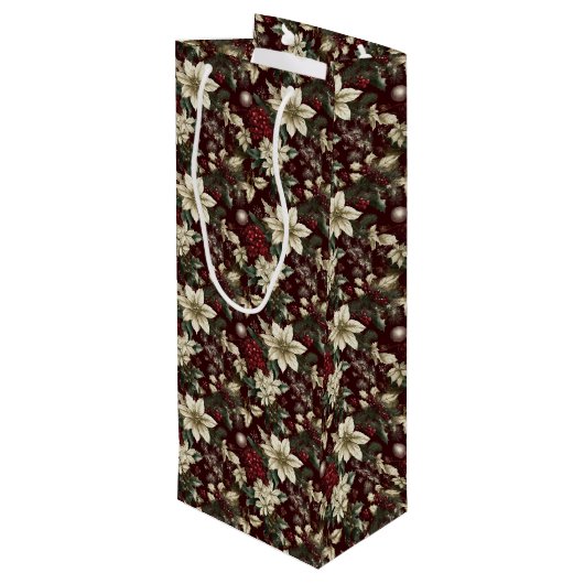 Burgundy Traditional Christmas Floral Geschenktüte Für Weinflaschen (Rückseite Schrägansicht)