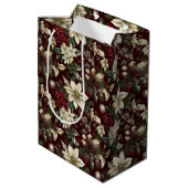 Burgundy Traditional Christmas Floral Mittlere Geschenktüte (Rückseite Schrägansicht)