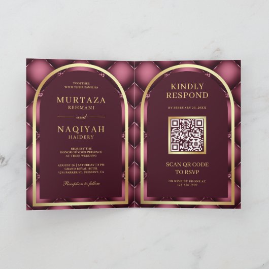 Burgundy Tufted Pattern QR Code Muslim Hochzeit Einladung (Innenseite)