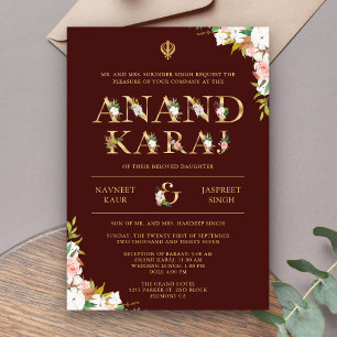 Burgundy Typografie Anand Karaj Sikh Wedding Einladung