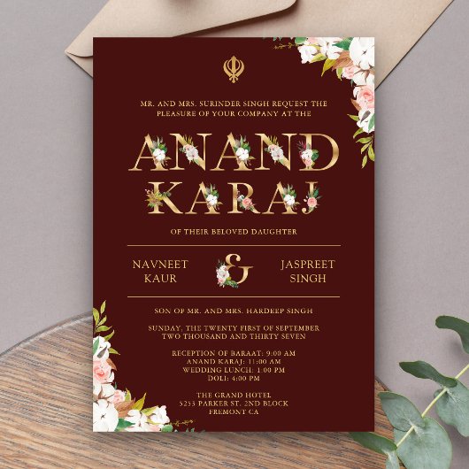 Burgundy Typografie Anand Karaj Sikh Wedding Einladung