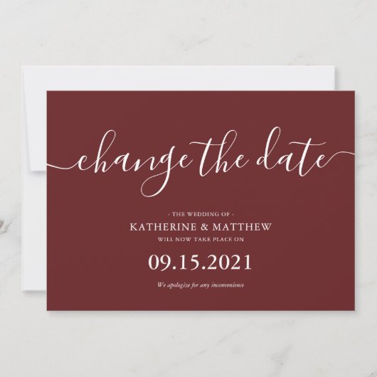 Burgundy Typografy Rescheduled Wedding Save The Date (Vorderseite)