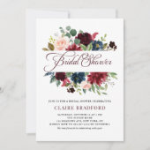 Burgundy und Blue Floral Frame Fall Brautparty Einladung (Vorderseite)