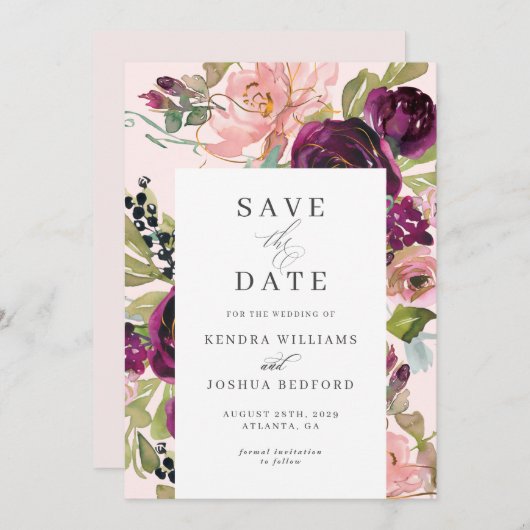 Burgundy und Blush Floral Wedding Save the Date (Vorne/Hinten)