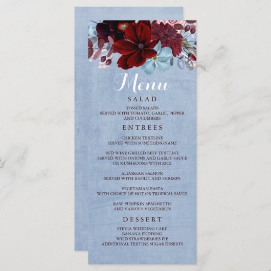 Burgundy und Dusty Blue Wedding Menus Programm (Vorne/Hinten)