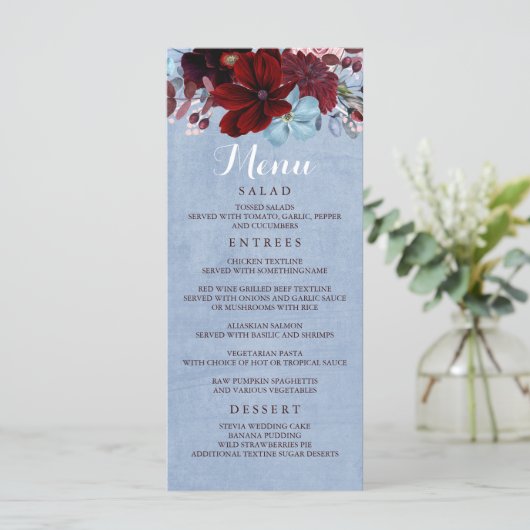 Burgundy und Dusty Blue Wedding Menus Programm (Stehend Vorderseite)